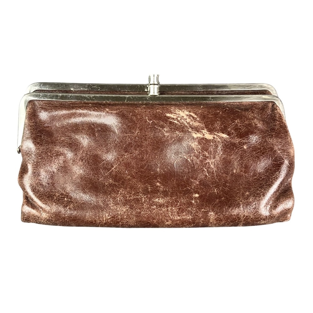 HOBO Distressed Brown Leather Double Frame Kiss Lock Wallet Clutch Floral Lining
